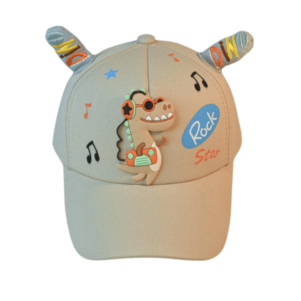 Gorra Dino Rock Beige para niños y niñas de 2 a 5 años, con detalles bordados 3D y ajuste de talla para mayor comodidad.