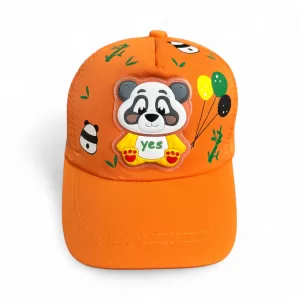Gorra Oso Panda Naranja para niños y niñas de 1 a 5 años, con detalles bordados 3D y ajuste de talla para mayor comodidad.