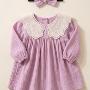 Vestido para niña bebé con diadema y cuello bordado – Color Mora Leche