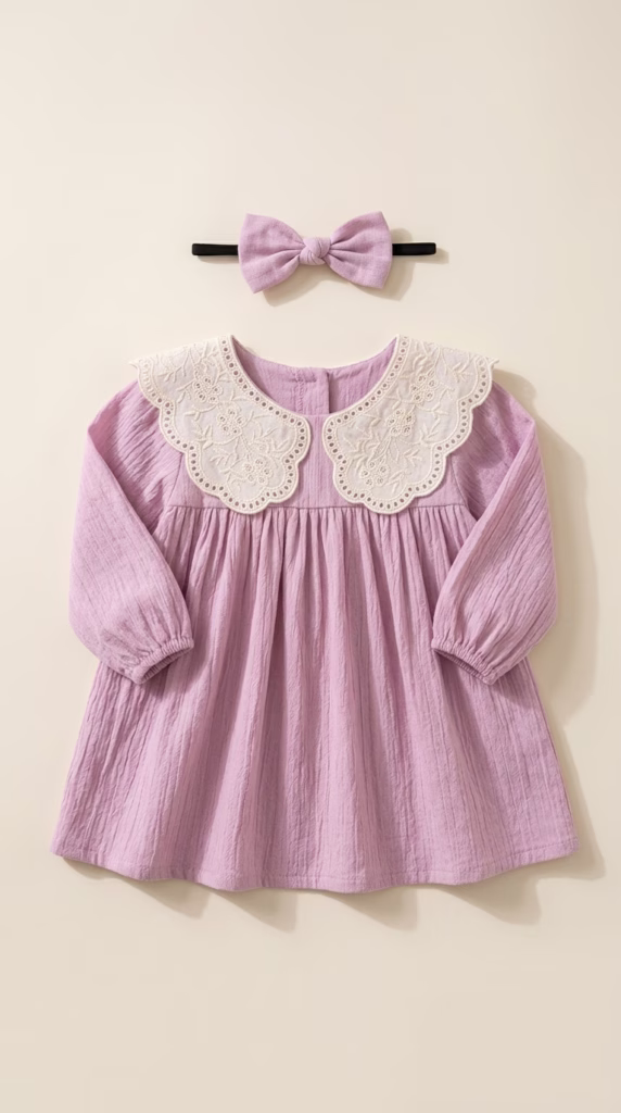 Vestido para niña bebé con diadema y cuello bordado – Color Mora Leche