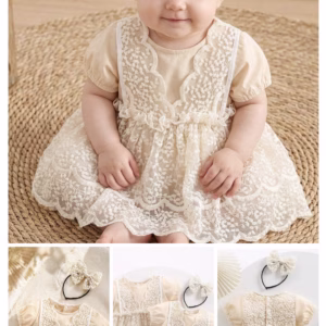 Vestido Para Niña Bebé Encaje Con Diadema – Color Beige