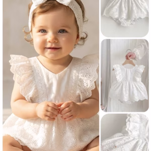 Vestido Para Niña Blanco Bordado Con Diadema en Algodón