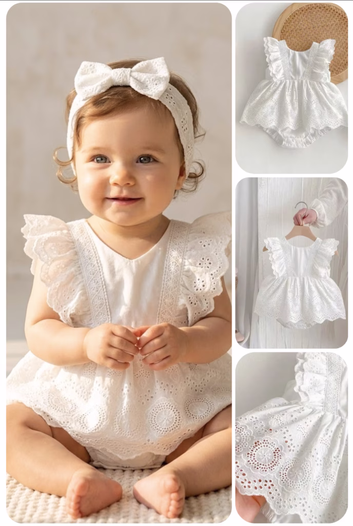 Vestido Para Niña Blanco Bordado Con Diadema en Algodón